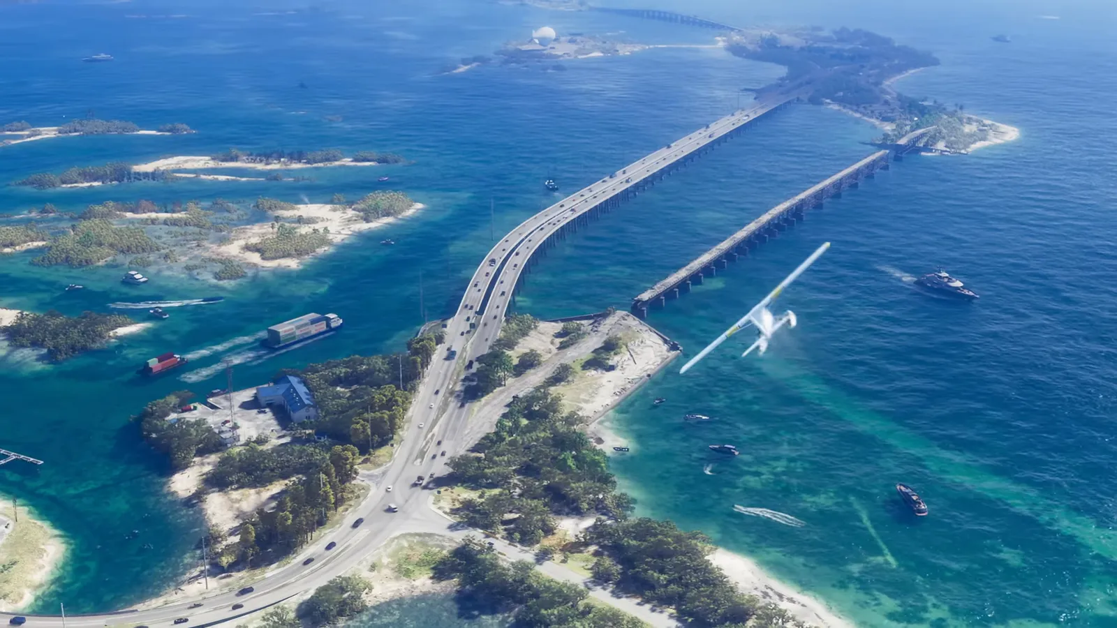 島々を結ぶ長い橋と海を上空から見下ろすシーン（トレーラー1より）