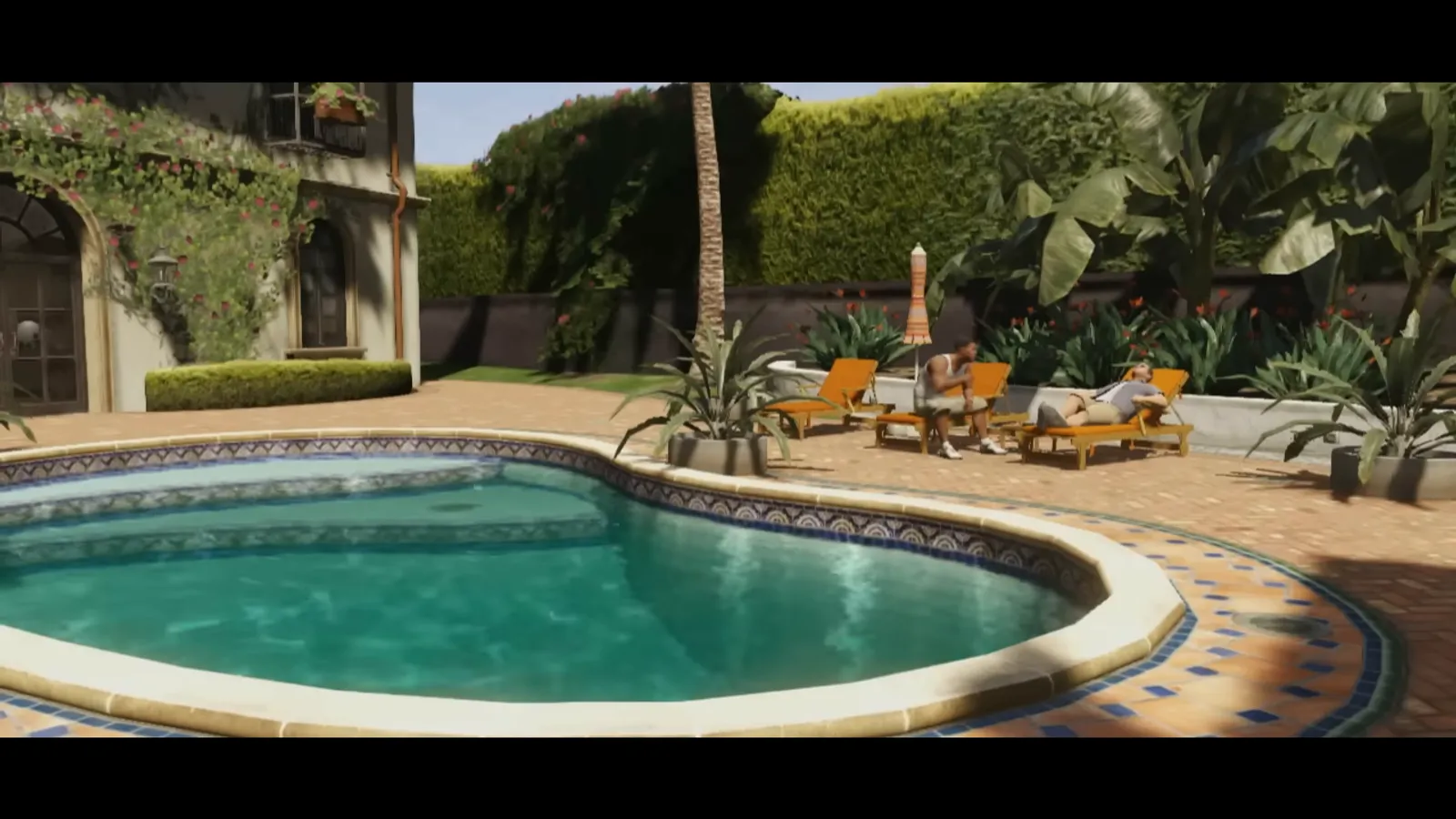 前作GTA5のプール付き豪邸の場面（GTA5公式トレーラーより）