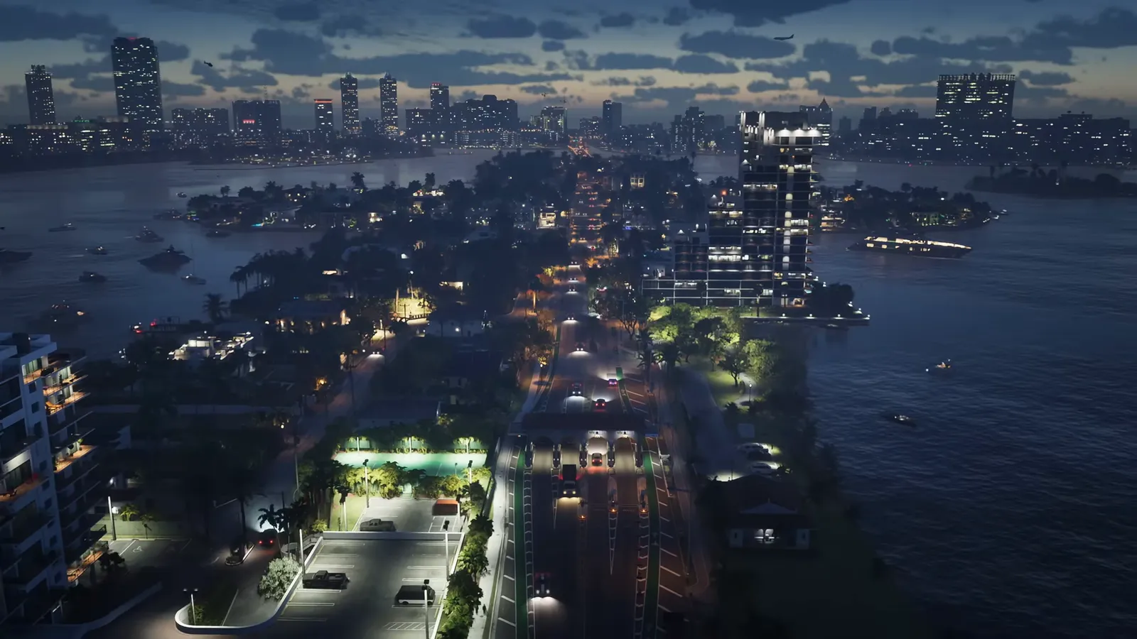 GTA6の水辺に広がるネオンの夜景(トレーラー1より)
